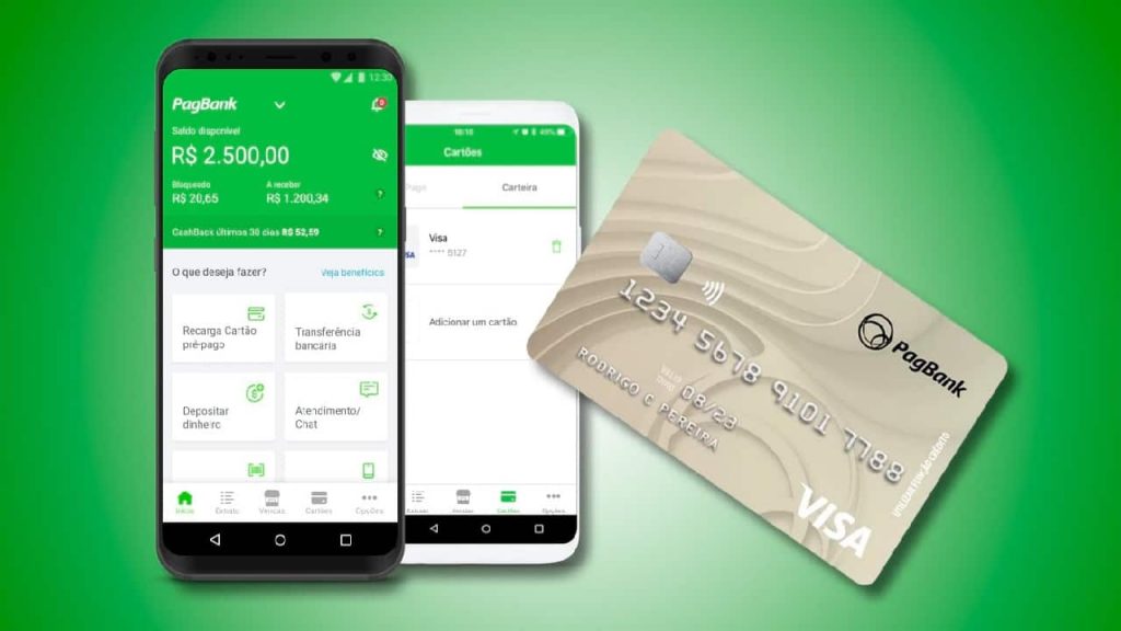 Imagem contendo cartão e o celular logado no app do banco Pagbank