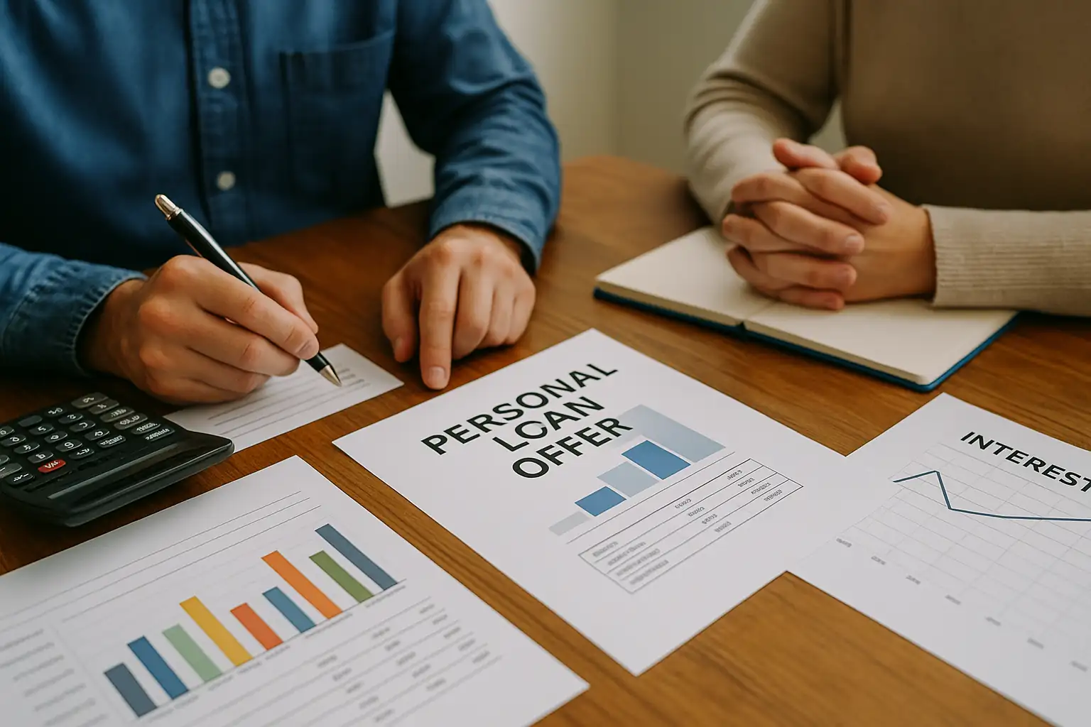 Close-up of financial papers, charts, and a loan comparison sheet on a desk, showing key details of personal loan offers and interest rates.