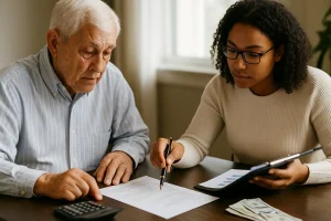 Young professional and elderly man discussing financial documents and calculator, highlighting the differences between payroll loans across generations.