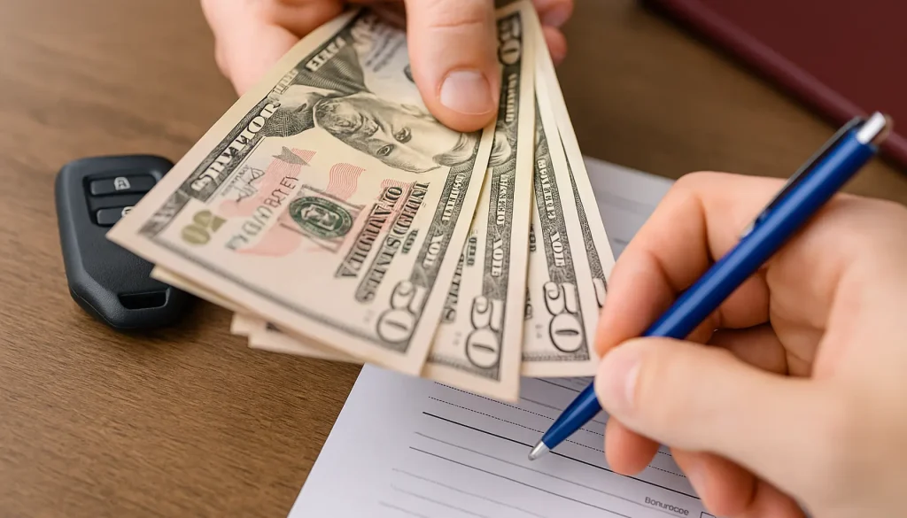 Close-up of hands with dollar bills, car key, and loan contract on a desk, representing secured loans for people with bad credit using collateral.