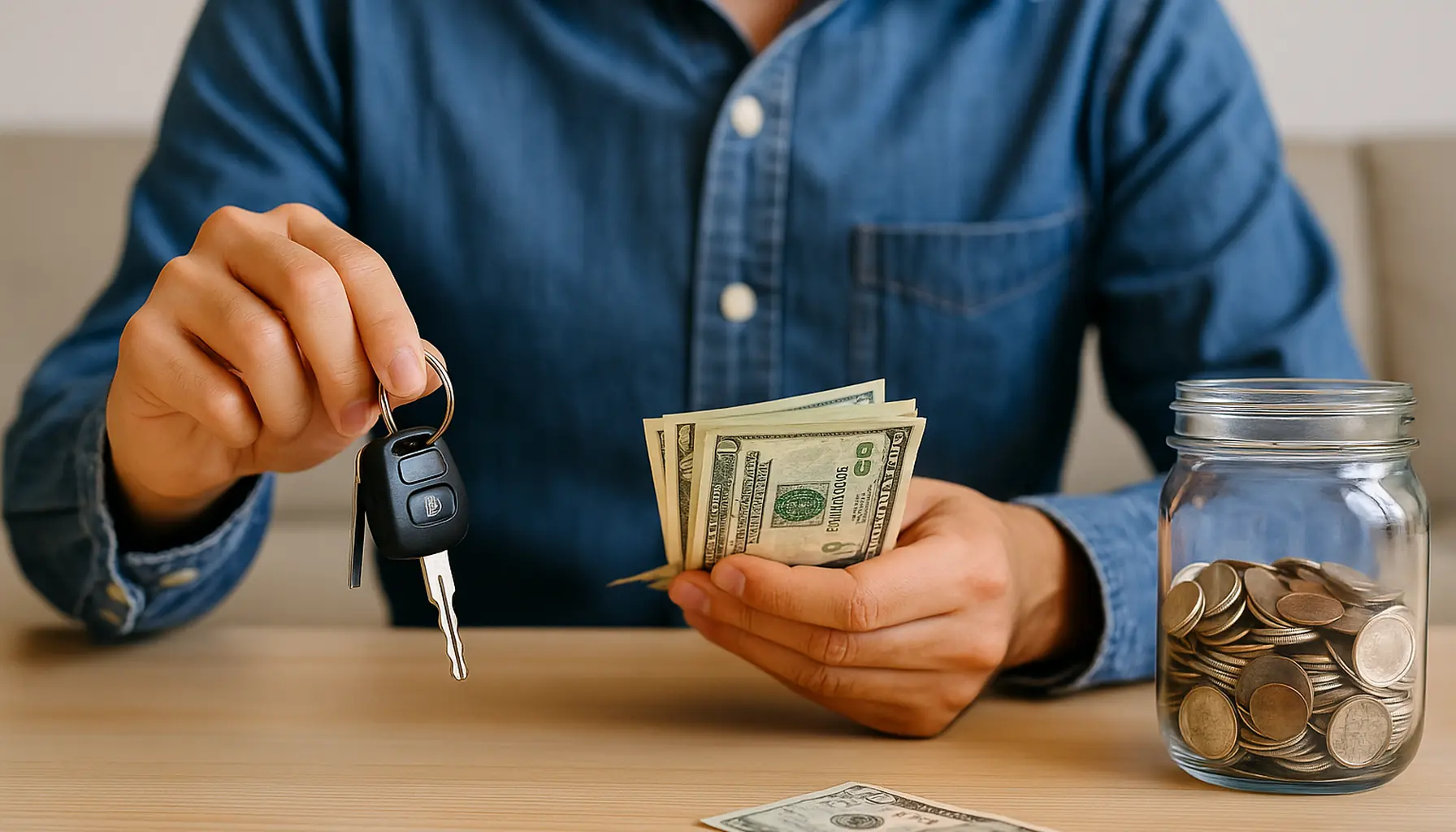 Man holding car keys and counting dollar bills beside a jar of coins, symbolizing choices for secured loans for people with bad credit.