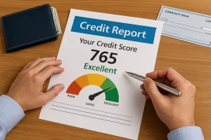 Credit report showing excellent score with a community bank checkbook and wallet nearby, representing Positive Credit Reporting and trust in local banks.