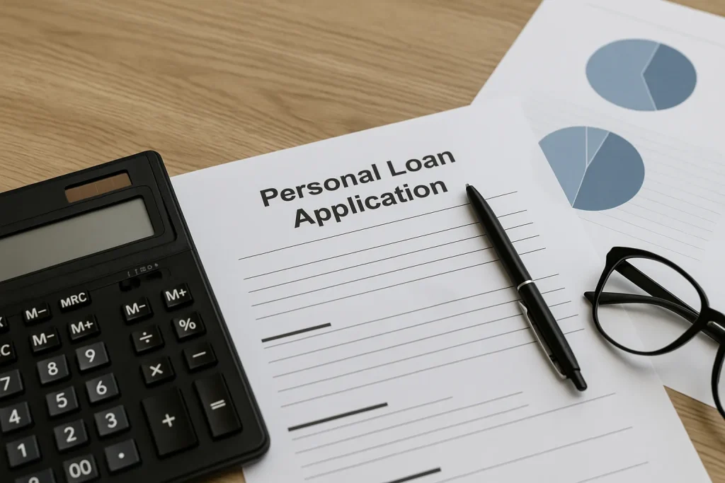 Calculator, financial charts, and documents on a wooden desk symbolizing the application and approval process of a personal loan.