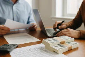 Two people reviewing financial documents with stacks of US dollars and a calculator on the table, illustrating debt reorganization using a fixed-income secured loan.