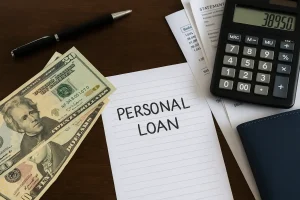 US dollar bills, calculator, and financial papers on a desk representing financial planning and conditions of a personal loan.
