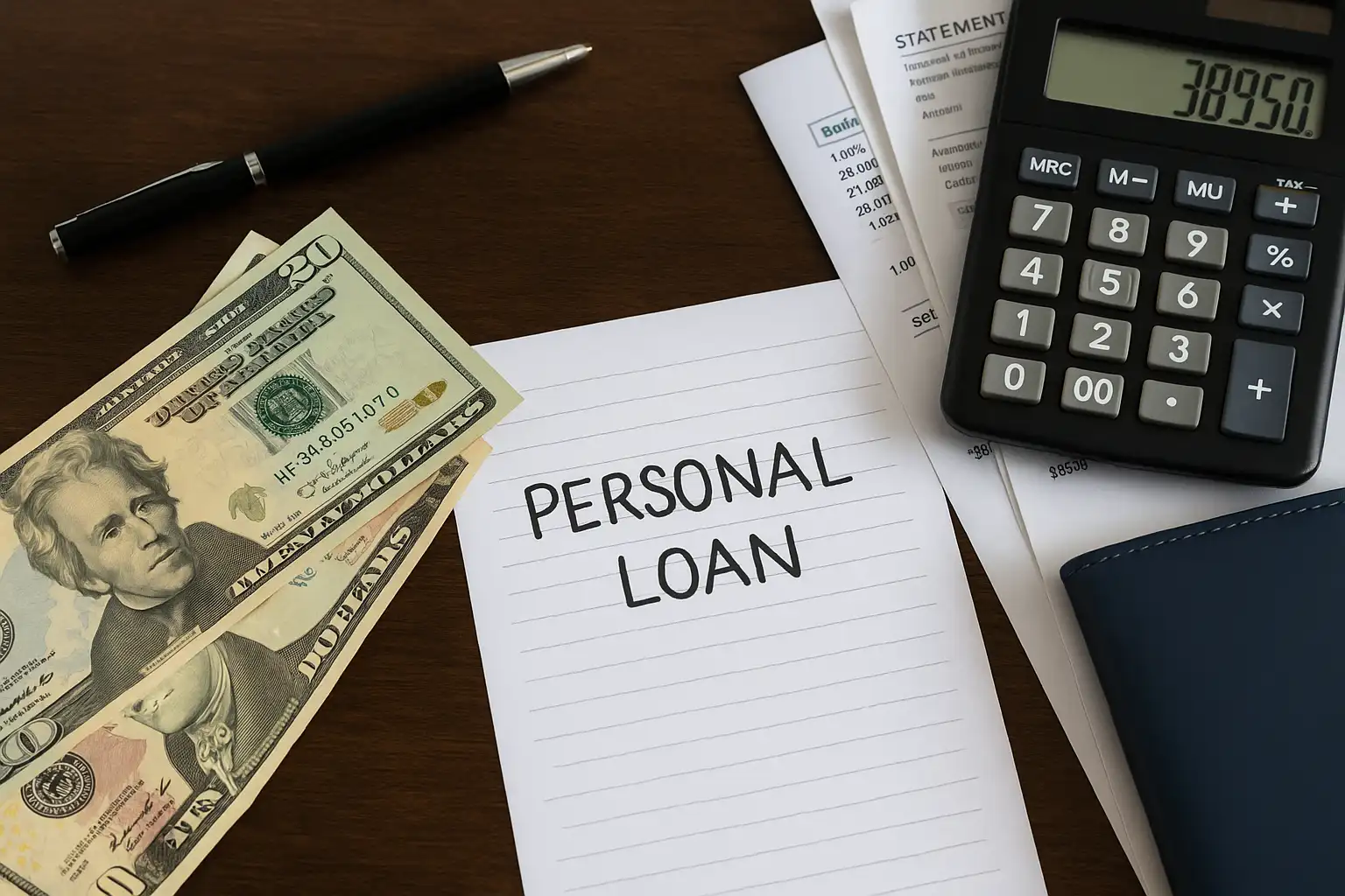 US dollar bills, calculator, and financial papers on a desk representing financial planning and conditions of a personal loan.