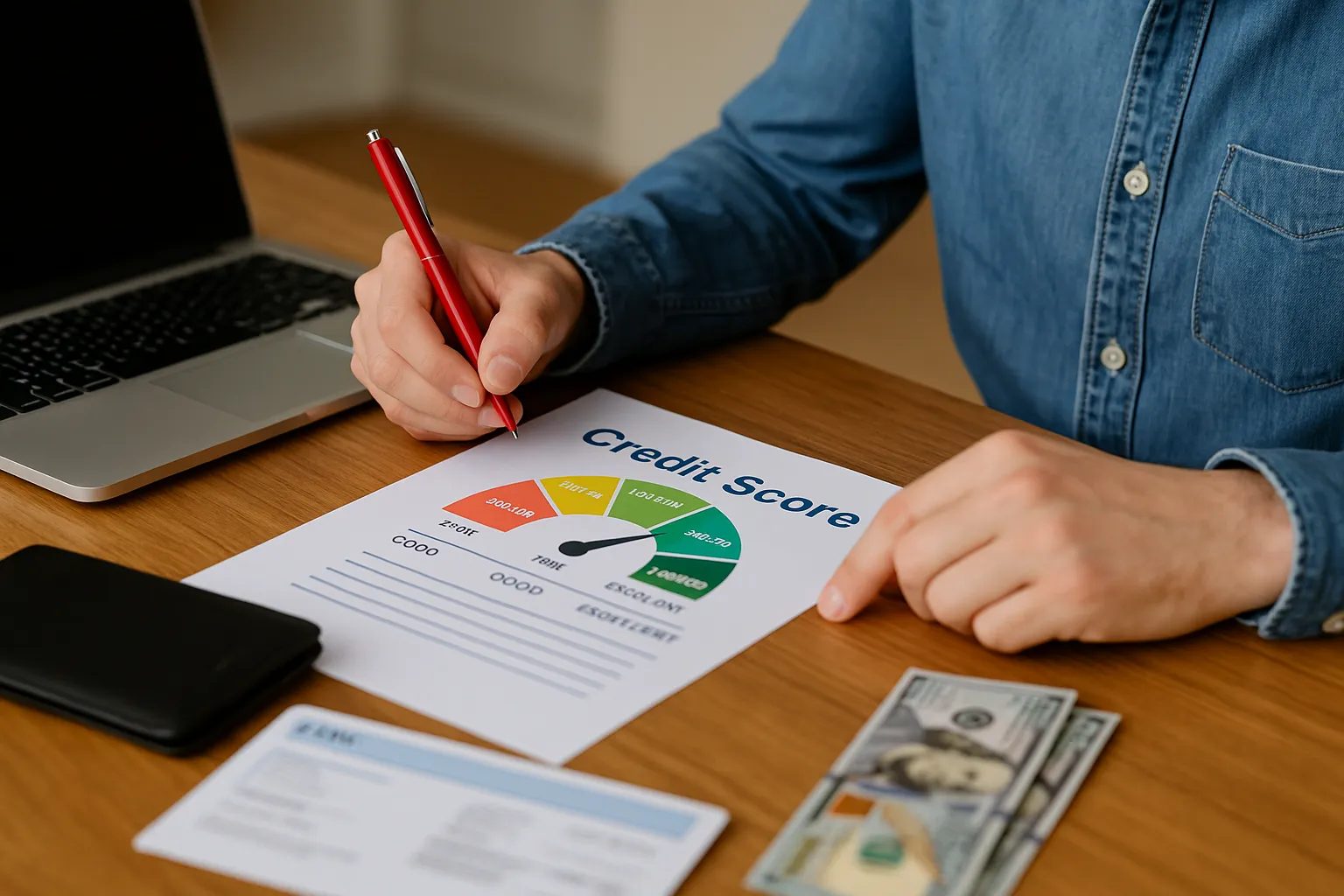Person reviewing a credit score report with US dollar bills and a laptop on a desk, representing rebuilding credit with small loans.