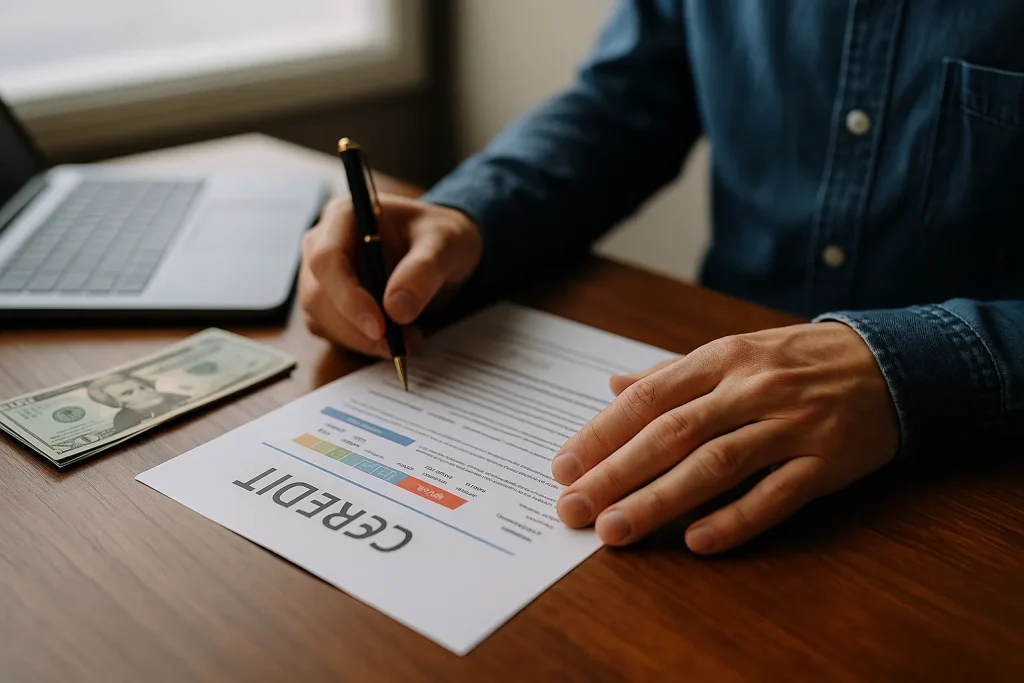 Hands reviewing a credit report with US dollar bills and a laptop on a desk, symbolizing Positive Credit Reporting in the US.