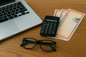 A laptop, calculator, and US Treasury bonds on a wooden desk representing financial planning with a fixed-income secured loan.