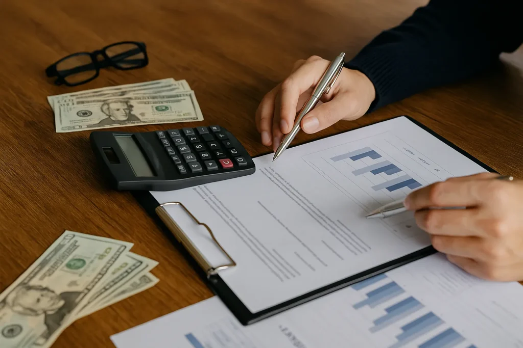 Hands signing loan documents with a calculator and US dollar bills on a desk, symbolizing rebuilding credit with small loans in the US.