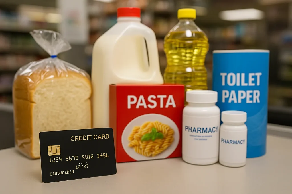 Grocery and pharmacy products at a US supermarket checkout with credit cards with cashback in focus, representing everyday savings.