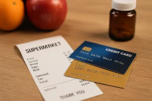 Close-up of credit cards with cashback placed beside a supermarket receipt and pharmacy items, symbolizing savings in daily purchases.