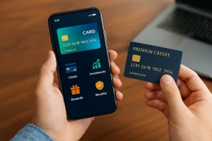 Premium credit cards compared with digital cards on a smartphone app, representing innovation and modern payment solutions in the U.S.