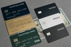 top view of traditional bank and American fintech cards placed side by side on a modern gray surface
