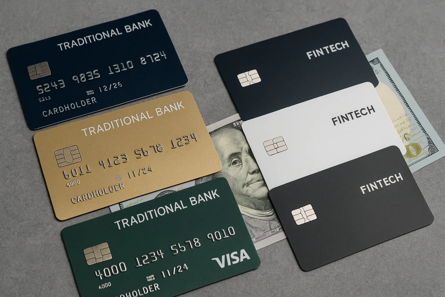 top view of traditional bank and American fintech cards placed side by side on a modern gray surface