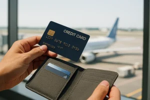Flexible miles credit cards used for travel in the U.S., showing a premium card at an airport setting"