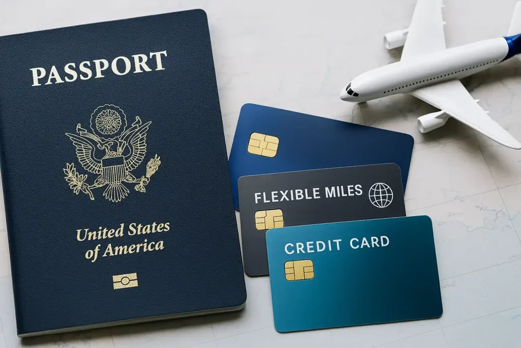Flexible miles credit cards placed with a U.S. passport and airplane symbol, representing versatile travel rewards