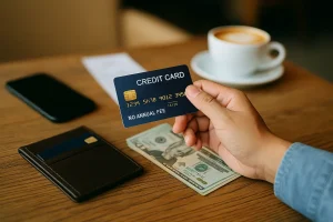 Best no annual fee credit cards placed on a wooden table with a wallet, cash, and coffee, symbolizing smart financial choices