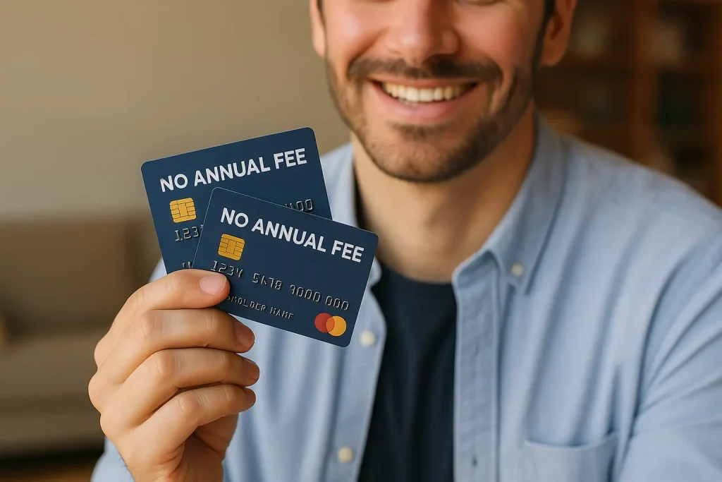 Man holding best no annual fee credit cards in hand, representing rewards, savings, and financial freedom in the U.S.