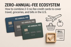 Illustrative image featuring three credit card no anual fee–style cards placed side by side in different shades of blue and green, each with a metallic chip and the phrase ‘NO ANNUAL FEE’ highlighted at the top. To the right, minimalist icons represent an airplane for travel, a shopping basket, an apple, and a bill, symbolizing everyday expenses that can be covered with a credit card no anual fee. Above, the title ‘Zero-annual-fee ecosystem: How to combine 2–3 no-fee credit cards to cover travel, groceries, and bills in the U.S.’ appears in modern typography over a light background.