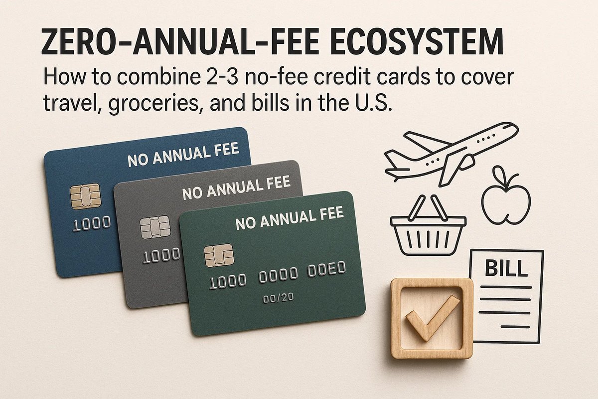 Illustrative image featuring three credit card no anual fee–style cards placed side by side in different shades of blue and green, each with a metallic chip and the phrase ‘NO ANNUAL FEE’ highlighted at the top. To the right, minimalist icons represent an airplane for travel, a shopping basket, an apple, and a bill, symbolizing everyday expenses that can be covered with a credit card no anual fee. Above, the title ‘Zero-annual-fee ecosystem: How to combine 2–3 no-fee credit cards to cover travel, groceries, and bills in the U.S.’ appears in modern typography over a light background.
