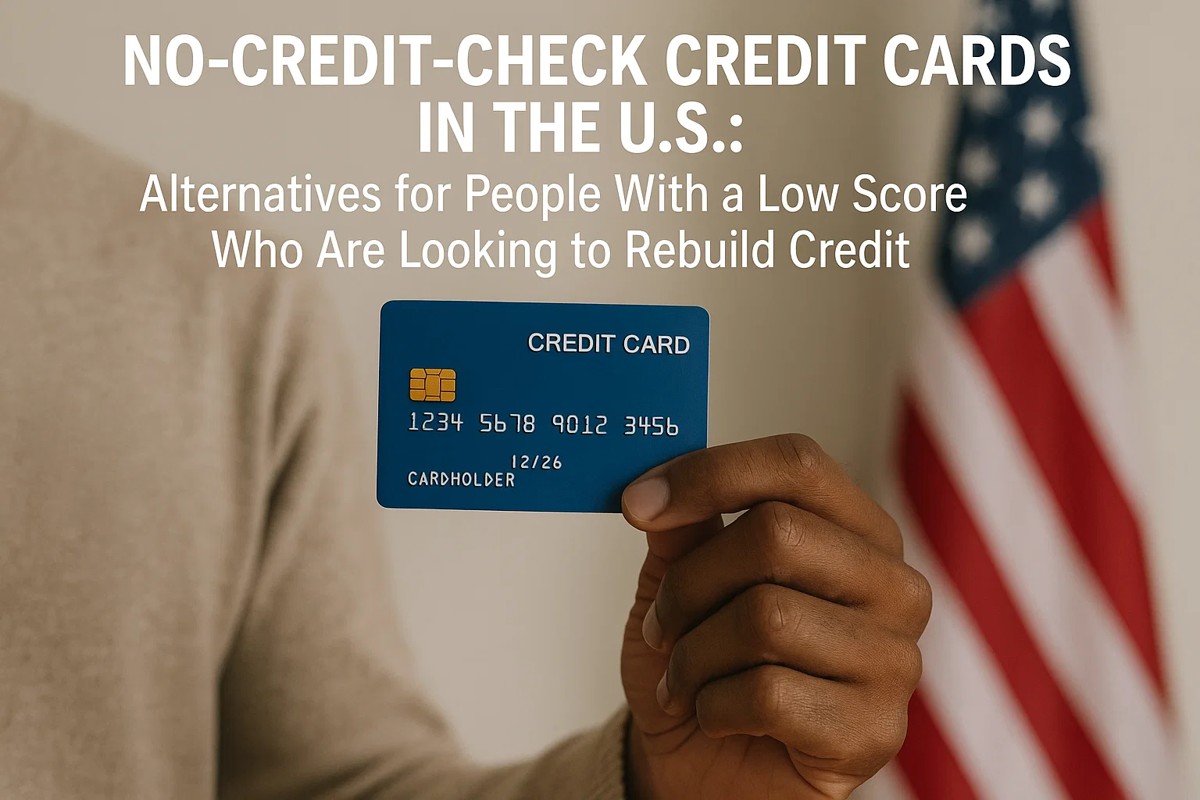 A person holding a blue credit card in their hand, positioned against a neutral indoor background with the U.S. flag visible on the right side. The card is shown up close, with the fingers clearly gripping its edge, emphasizing its usability as a financial tool. Above the hand, bold white text reads “No-credit-check credit cards in the U.S.: Alternatives for people with a low score who are looking to rebuild credit.” The scene represents accessibility, financial recovery options, and the concept of obtaining a credit card - without consultation for those seeking to rebuild their credit profile in the United States.