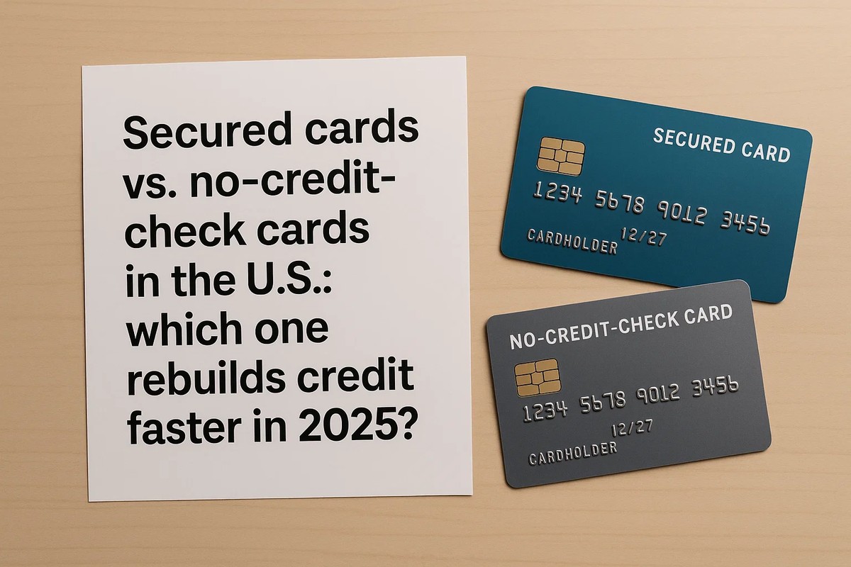 Image showing a sheet of paper with the title ‘Secured cards vs. no-credit-check cards in the U.S.: which one rebuilds credit faster in 2025?’ next to two illustrative cards. In the upper right corner, there is a blue card labeled ‘Secured Card’ with a metallic chip and simulated numbers. Below it, a gray card labeled ‘No-Credit-Check Card,’ also featuring a chip and fictional numbering. The composition represents credit card comparisons between different card types used for rebuilding credit in the United States.
