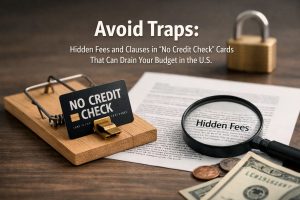 Image illustrating the risks of a credit card without consultation, showing a “no credit check” card placed in a trap, a magnifying glass highlighting hidden fees in a contract, scattered U.S. dollar bills, and a padlock in the background, symbolizing how unclear clauses and extra charges can threaten personal financial security in the United States.