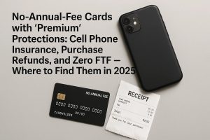 A flat-lay photograph shows a black smartphone, a black credit card labeled “No Annual Fee,” and a printed receipt on a neutral surface. The text on the left side highlights the topic of premium protections such as phone insurance, purchase refunds, and zero foreign transaction fees available on a credit card no annual fee in 2025. The scene emphasizes modern consumer expectations and the convenience of cost-effective financial products.