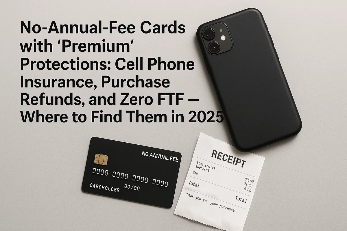 A flat-lay photograph shows a black smartphone, a black credit card labeled “No Annual Fee,” and a printed receipt on a neutral surface. The text on the left side highlights the topic of premium protections such as phone insurance, purchase refunds, and zero foreign transaction fees available on a credit card no annual fee in 2025. The scene emphasizes modern consumer expectations and the convenience of cost-effective financial products.