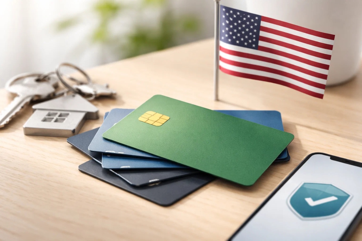 Conceptual image illustrating credit cards without credit checks in the United States, showing multiple credit cards stacked on a desk alongside a smartphone with a security icon, house keys, and a small U.S. flag. The composition highlights how credit cards without credit checks can expand consumer access to financial products, reflecting both increased accessibility and considerations around security, responsibility, and credit management.