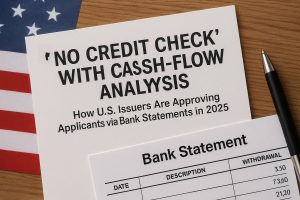 A photograph showing a printed sheet with the title ‘No Credit Check with Cash-Flow Analysis’ in bold black letters, followed by a subtitle explaining how U.S. issuers approve applicants via bank statements in 2025. Below the main page, there is part of a bank statement document displaying columns for dates, descriptions, and withdrawal amounts. An American flag is visible in the background, and a black pen rests on the right side of the wooden table. The composition suggests an alternative approval method for obtaining a credit card without consultation, highlighting the growing reliance on cash-flow analysis instead of traditional credit checks.