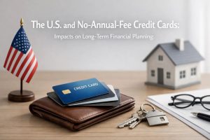 No-annual-fee credit cards placed on a leather wallet beside house keys, documents, and eyeglasses on a desk, with a small U.S. flag and home model in the background, illustrating everyday use of a credit card no annual fee and its impact on long-term financial planning in the United States.
