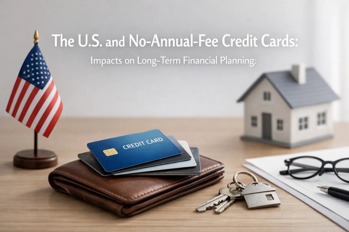 No-annual-fee credit cards placed on a leather wallet beside house keys, documents, and eyeglasses on a desk, with a small U.S. flag and home model in the background, illustrating everyday use of a credit card no annual fee and its impact on long-term financial planning in the United States.