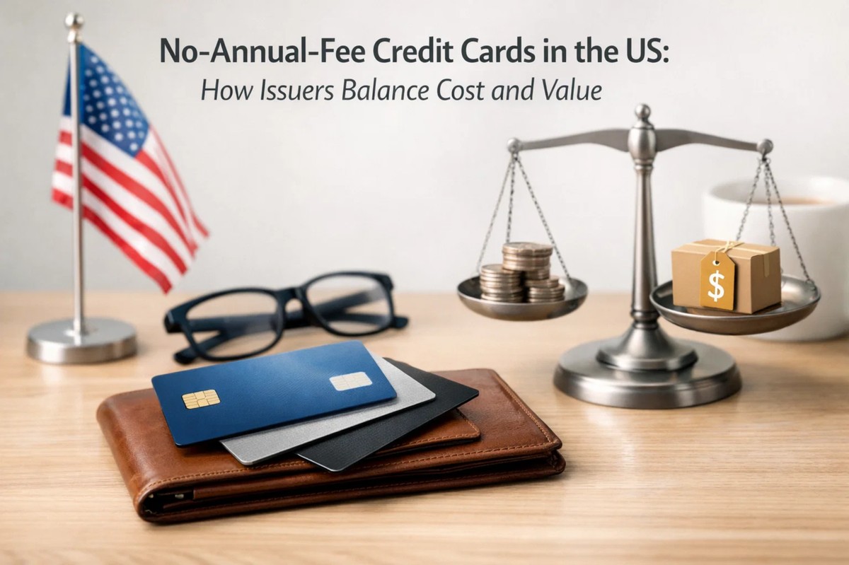 Desk scene featuring a wallet with multiple credit cards, a scale balancing coins and a box with a dollar symbol, and a small US flag in the background. The image represents how a credit card no anual fee balances cost and value for consumers in the United States, highlighting financial decision-making and issuer strategies.