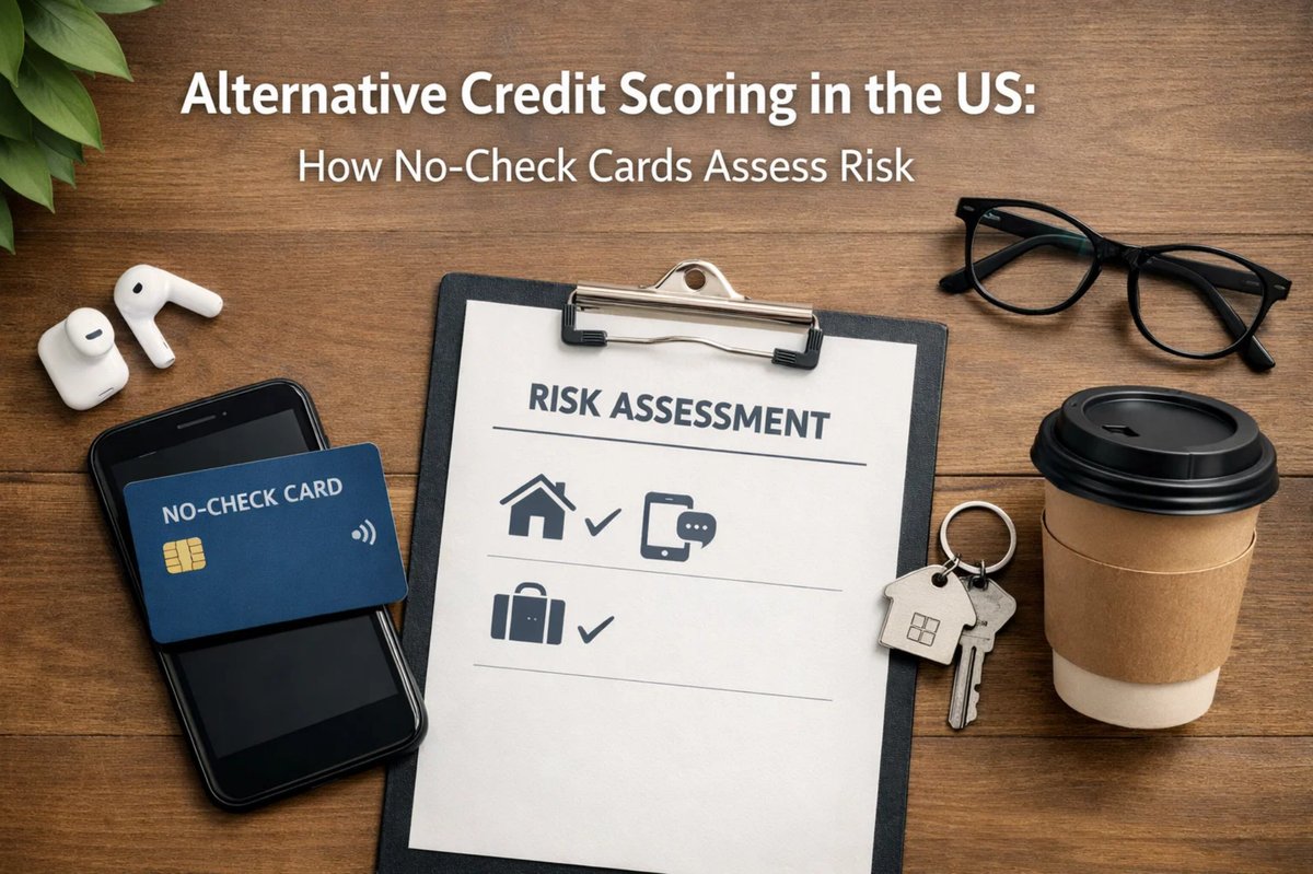 Top-down view of a wooden desk featuring a smartphone with a no-check card on the screen, a clipboard labeled risk assessment with icons representing housing, digital activity, and consumption, and everyday objects like keys, coffee cup, and glasses. The image illustrates how a credit card without consultation uses alternative data to evaluate financial risk and consumer behavior in the United States.