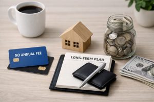 Workspace with a notebook labeled long-term plan, a wallet, a pen, a jar filled with coins, cash savings, a small wooden house, and a blue credit card no annual fee, illustrating how no-annual-fee credit cards support long-term financial planning and smarter money management.