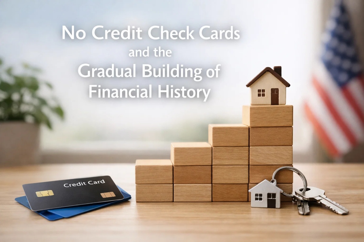 Wooden blocks stacked like steps with a small house on top, credit cards on a desk, and house keys in the foreground, alongside the headline about no credit check cards and gradual financial history building, illustrating how a credit card without consulation can help establish credit and support long-term financial growth.