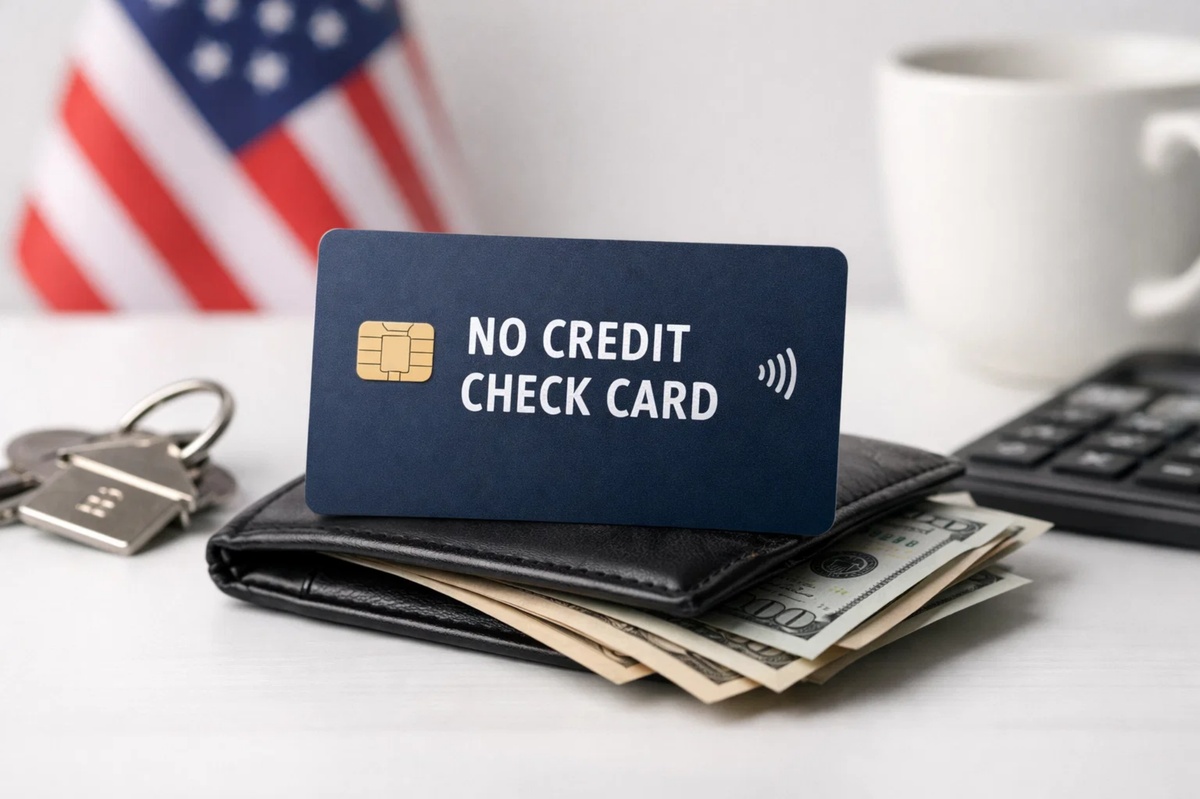 Credit card without consultation displayed on top of a wallet with cash, keys, and a calculator on a desk, with a U.S. flag in the background, illustrating the rise of credit card without consultation options in a more cautious financial market focused on accessibility and controlled spending.