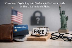 Conceptual image illustrating consumer psychology and financial decision-making in the United States, featuring a credit card no annual fee partially visible inside a wallet next to a ‘FREE’ label secured in a metal clip. In the background, symbolic elements such as the U.S. flag, the Statue of Liberty, and a blurred padlock with a question mark highlight hidden financial risks. The scene reflects how a credit card no annual fee can create a false sense of security, influencing spending behavior and masking long-term financial consequences.