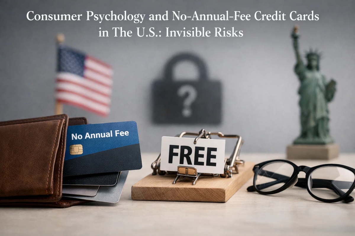 Conceptual image illustrating consumer psychology and financial decision-making in the United States, featuring a credit card no annual fee partially visible inside a wallet next to a ‘FREE’ label secured in a metal clip. In the background, symbolic elements such as the U.S. flag, the Statue of Liberty, and a blurred padlock with a question mark highlight hidden financial risks. The scene reflects how a credit card no annual fee can create a false sense of security, influencing spending behavior and masking long-term financial consequences.