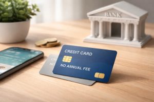 Financial concept image illustrating how credit card no annual fee products are reshaping the relationship between consumers and traditional banks. In the foreground, a blue credit card no annual fee rests on top of another card on a wooden desk, symbolizing modern credit options with reduced costs. Nearby are a smartphone displaying a digital banking interface and a few coins, representing the growing role of mobile banking and everyday financial management. In the background, a miniature classical bank building reinforces the connection to traditional financial institutions. The scene highlights how credit card no annual fee options are influencing consumer choices and redefining how people interact with banks.