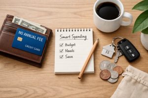 Top view of a wooden desk featuring a wallet with cash and a blue credit card labeled “no annual fee,” alongside a notepad titled “Smart Spending” with checked items for budget, needs, and saving. A pencil lies next to the notebook, while nearby are house keys with a home-shaped keychain, scattered coins, and a small fabric pouch. A cup of black coffee and a green plant complete the scene, symbolizing financial planning and everyday money management using a credit card no annual fee.