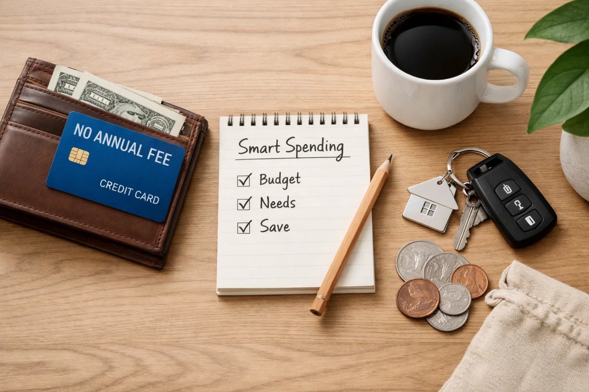 Top view of a wooden desk featuring a wallet with cash and a blue credit card labeled “no annual fee,” alongside a notepad titled “Smart Spending” with checked items for budget, needs, and saving. A pencil lies next to the notebook, while nearby are house keys with a home-shaped keychain, scattered coins, and a small fabric pouch. A cup of black coffee and a green plant complete the scene, symbolizing financial planning and everyday money management using a credit card no annual fee.