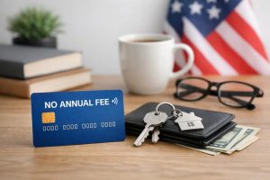 Financial concept image illustrating the growing popularity of credit card no annual fee options among experienced U.S. consumers. In the foreground, a blue credit card no annual fee sits on a wooden desk next to a wallet, house keys with a home-shaped keychain, and U.S. dollar bills, symbolizing everyday financial management. In the background, a coffee cup, eyeglasses, books, and a blurred American flag reinforce the U.S. financial context and thoughtful decision-making. The composition highlights why a credit card no annual fee is increasingly attractive to experienced consumers seeking flexibility, lower costs, and smarter credit card strategies.
