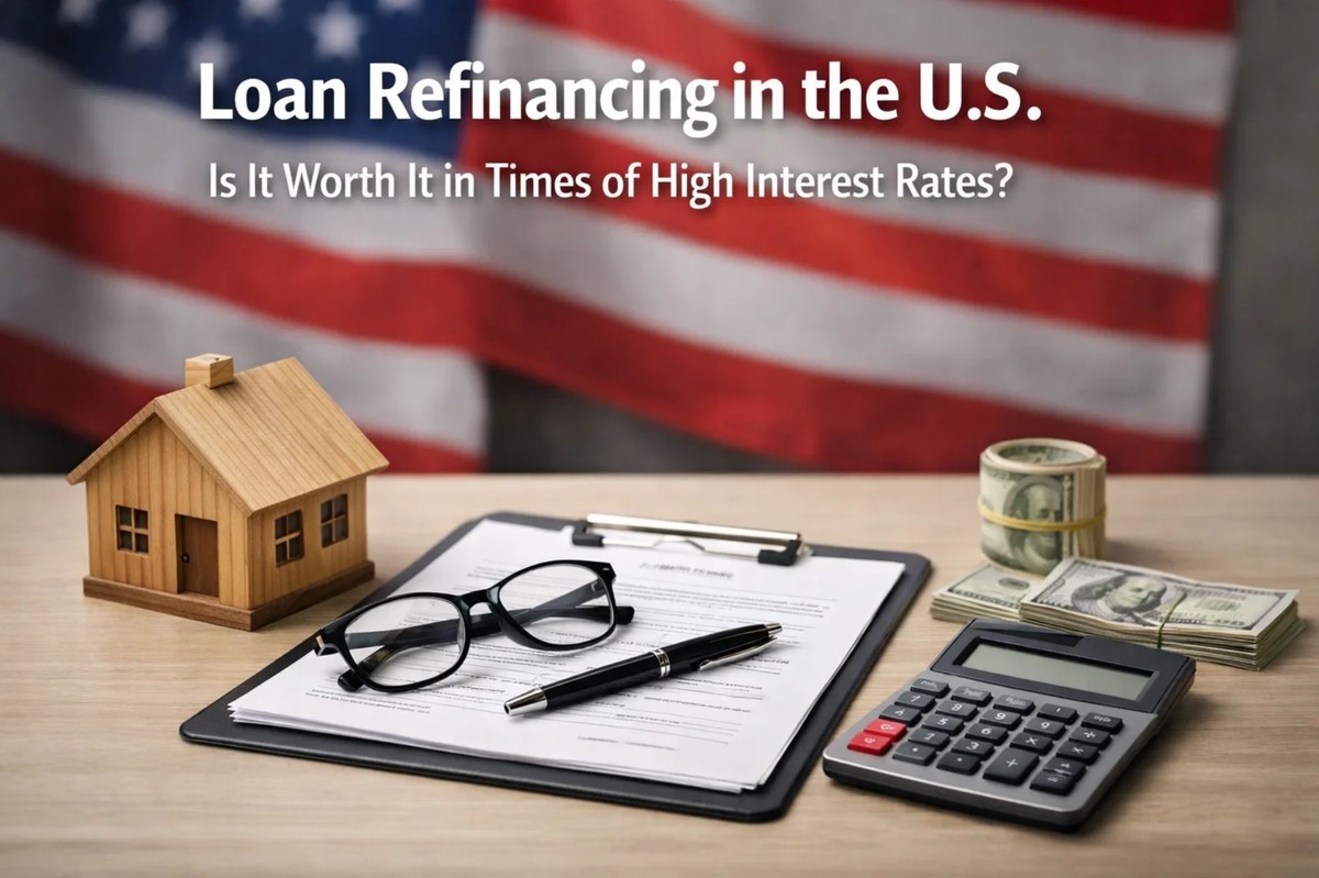 A detailed financial scene representing loan decisions in the United States, featuring a clipboard with documents, a calculator, a pen, and stacks of cash next to a small model house, with a blurred American flag in the background, illustrating the concept of loan refinancing and evaluating whether a loan is worth it during periods of high interest rates.