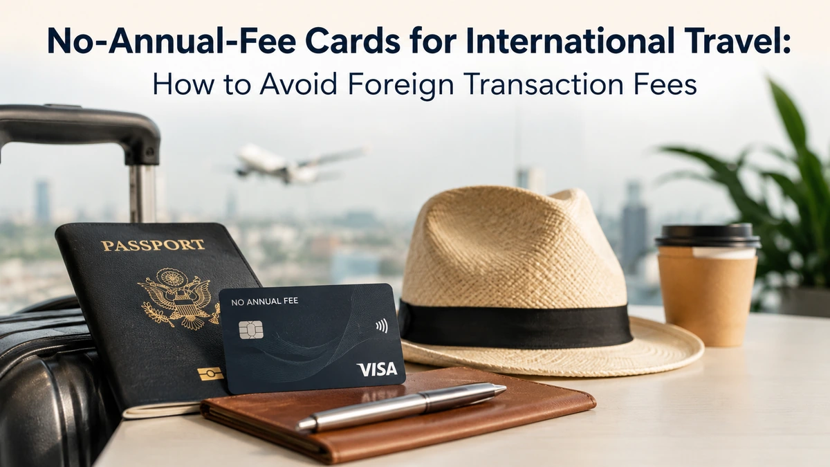 Minimalist and realistic travel scene featuring a passport, suitcase, no-annual-fee credit card, wallet, hat, and coffee cup on a clean airport-style table with a blurred airplane in the background. The title “No-Annual-Fee Cards for International Travel: How to Avoid Foreign Transaction Fees” appears at the top in elegant typography. The composition highlights international travel and smart payment solutions, emphasizing the concept of a credit card no annual fee for travelers seeking to avoid foreign transaction fees.